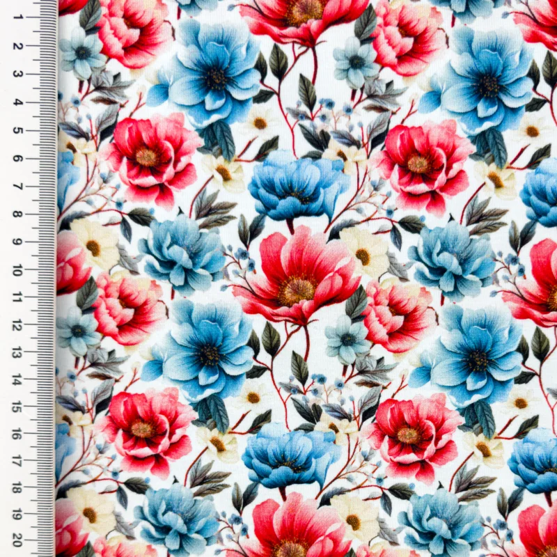 Zertifiziert Baumwolljersey - Motivjersey - Mohnblume blau rot