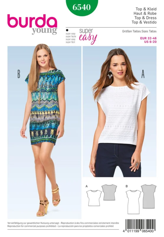 Burda Schnittmuster 6540 Damen young Top und Kleid Größe 32-46 Sonderangebot