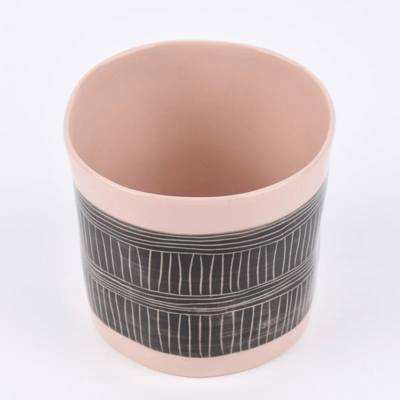 Billig Teelichthalter mit Linienmuster Keramik rosa schwarz 8x7,5cm