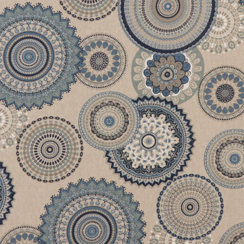 Zertifiziert Dekostoff Halbpanama Leinenlook Mandalas natur blau 1,40m Breite