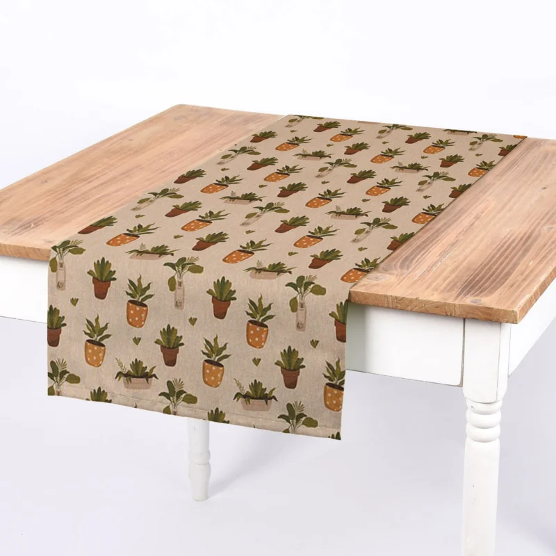 Zertifiziert SCHÖNER LEBEN. Tischläufer Blätter Pflanzen Vase Pflanztopf natur gelb grün braun 40x160cm