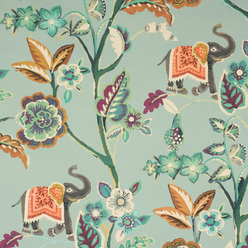 Zertifiziert Panama Dekostoff Baumwollstoff GUJARAT Blumenranken Elefant mint grün bunt 140cm Breite