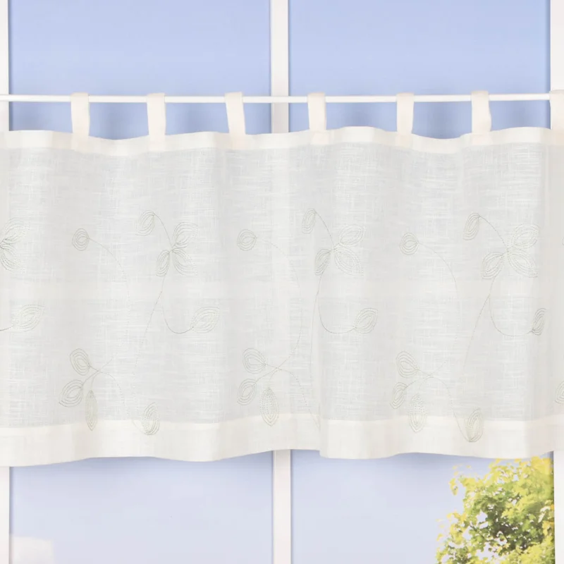 Bio Schlaufenbistro Scheibengardine aus Bio Baumwolle Blätterstickerei Leinenstruktur transparent wollweiß grün 150x50cm Top-Preis