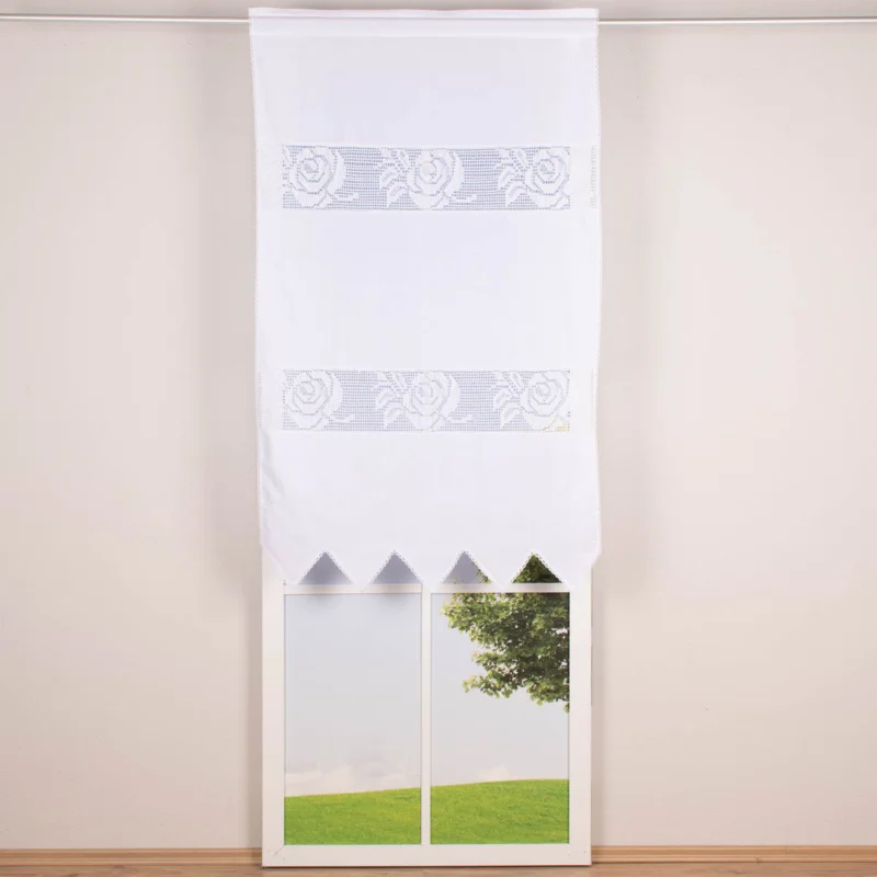 Preisknaller Häkelspitze Häkelgardine Seitenschal Rose mit Dreiecksabschluss mit Tunneldurchzug weiß 90x150cm