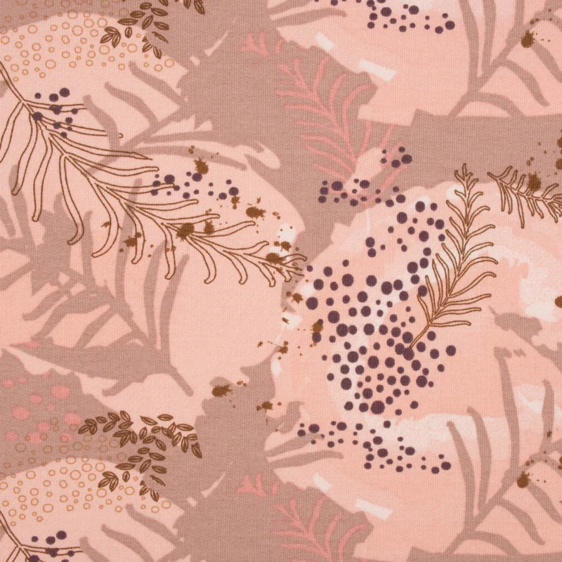 French Terry Sommersweat Meterware Leaves Blätter rosa 1,45m Breite Bestseller