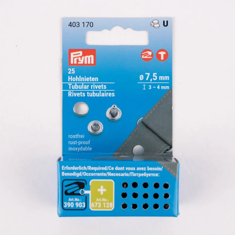 Neuheit Prym Hohlnieten aus Messing silberfarbig Ø7,5mm für Stärke 3-4mm 25 Stück