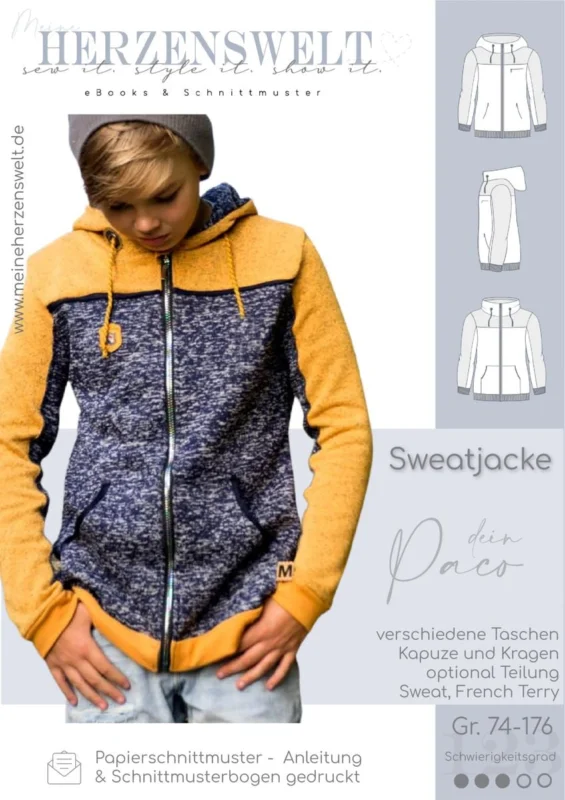 Meine Herzenswelt Kinder Schnittmuster Sweatjacke dein Paco Papierschnittmuster Gr. 74-176 Günstig