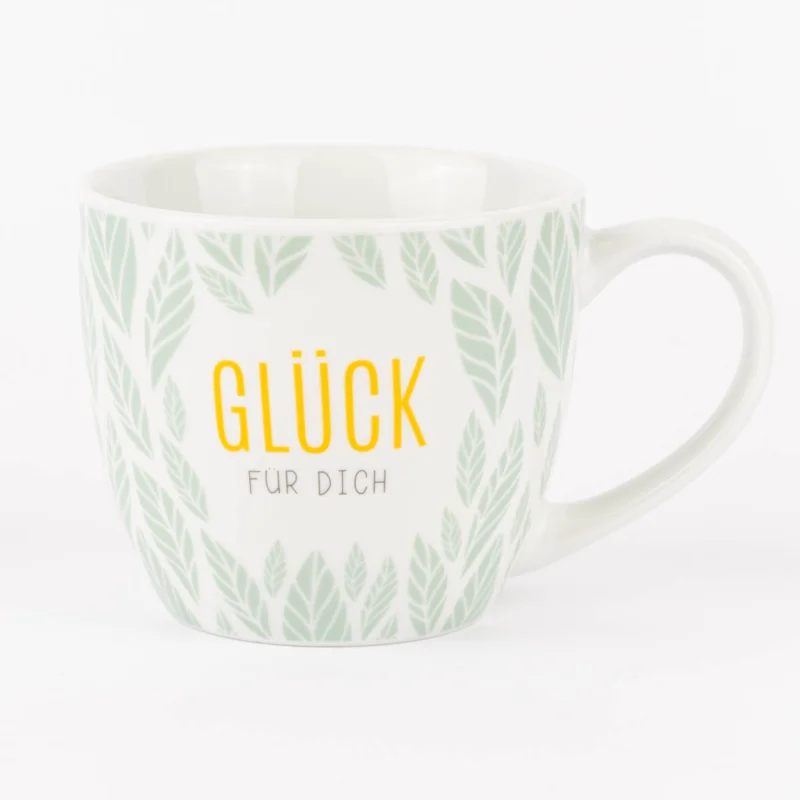 La Vida Porzellan Tasse Glück für dich Blätter mintgrün weiß 400ml Zertifiziert