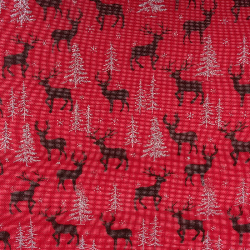 Rupfen Jute Sackleinen Meterware Sternchen Tannenbäumchen Hirsch rot silberfarbig 1,5m Breite Mega-Angebot