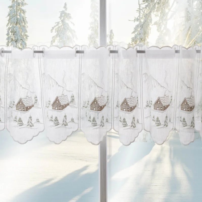 Zertifiziert Scheibengardine Stickerei Leinenoptik nähfrei Winterhaus wollweiß 30cm Höhe