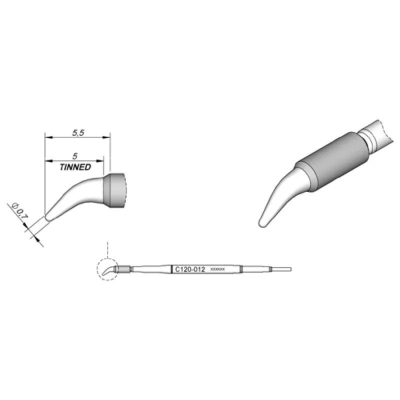 Zertifiziert JBC Entlötspitze Serie C120 Chip-Komponenten, C120012/Ø 0,7 mm, gebogen