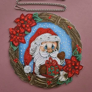Zertifiziert Deko Diamond Painting handmade Kranz mit Weihnachtsmann (fertig)
