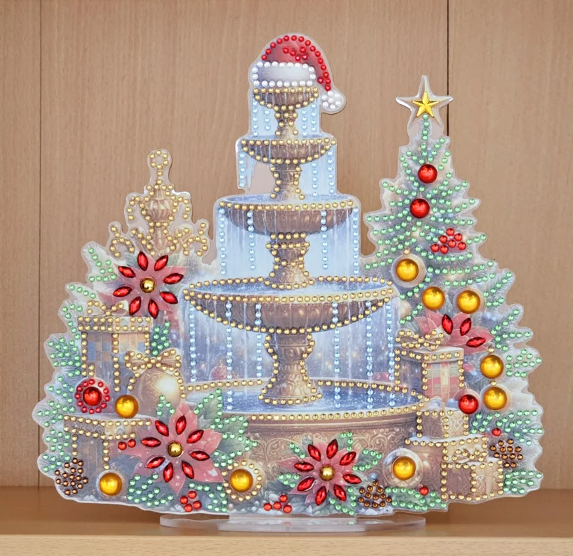 Zertifiziert Deko Diamond Painting handmade Ornament aus Acryl, Motiv winterlicher Brunnen (fertig)