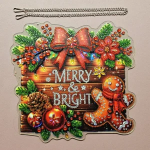 Zertifiziert Deko Diamond Painting handmade Ornament aus Acryl, Motiv "Merry & Bright" zum Aufhängen (fertig)