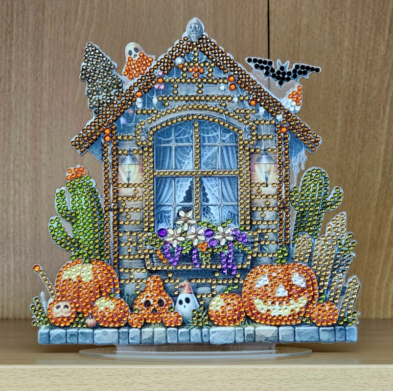 Zertifiziert Deko Diamond Painting handmade Ornament aus Acryl, Motiv Halloween Haus (fertig)