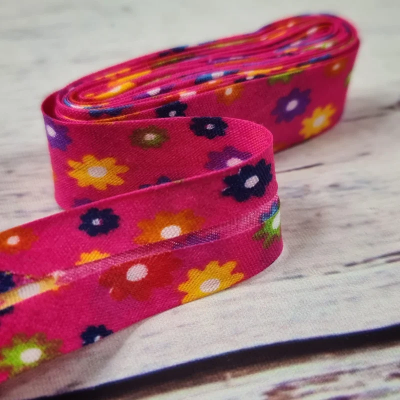 Schrägband/Einfassband | 20/10mm | Baumwolle | Blumen | pink | 3m Sichere Zahlung