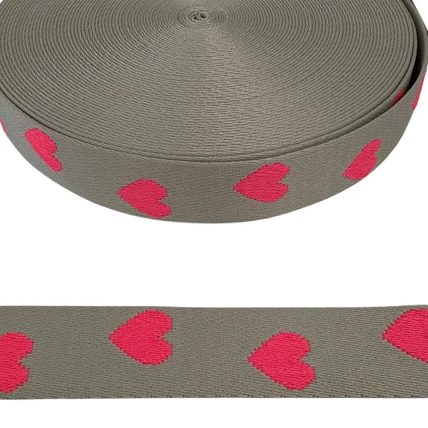 Polycotton - Gurtband - Herzen - sand/neonorange - 40mm Saisonangebot