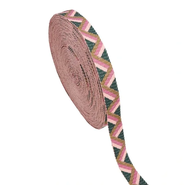 Aktuell Gurtband Polyester, 25 mm, Zacken, hellrosa/dunkelrosa/dunkelgrün/khaki