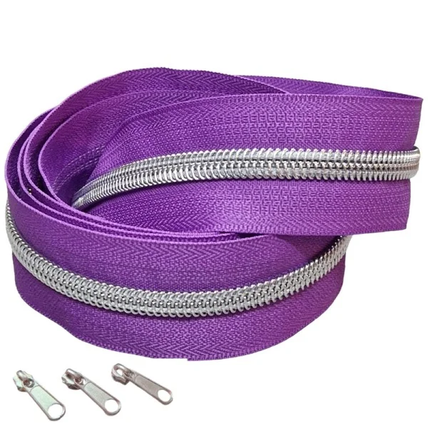 Kracherpreis Endlos-Reissverschluss lila/silber- metallisiert - 5mm - inkl. 3 Zipper